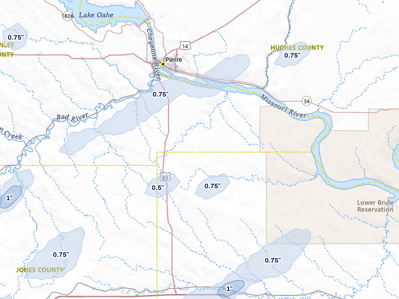 NEXRAD radar-signature map of the hail storm over Fort Pierre, SD on Jun 27, 2026