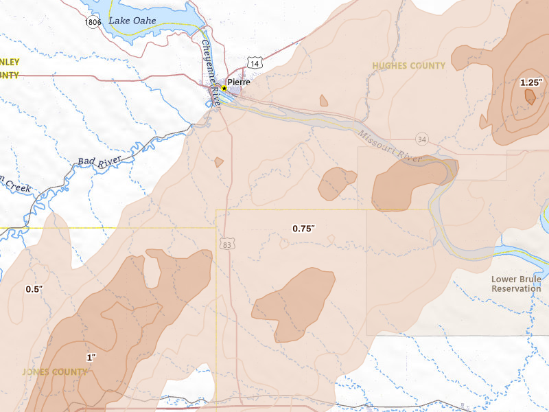 Radar-estimated hail-size map of the storm over Fort Pierre, SD on Jun 28, 2026