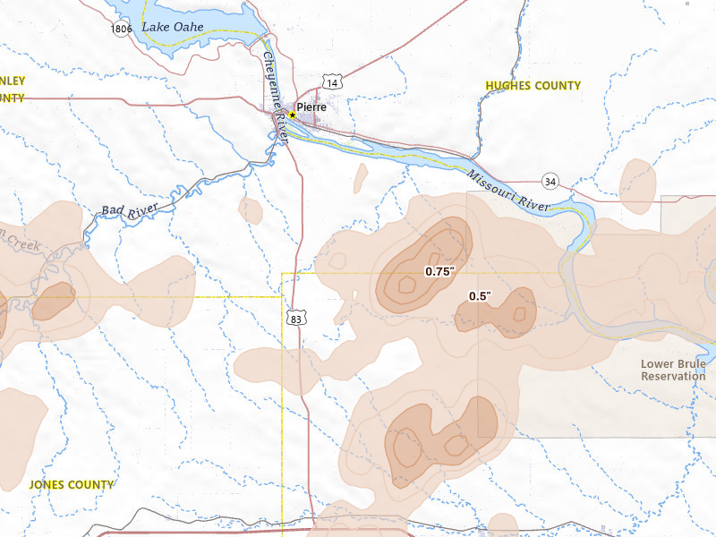 Radar-estimated hail-size map of the storm over Fort Pierre, SD on Jul 2, 2026