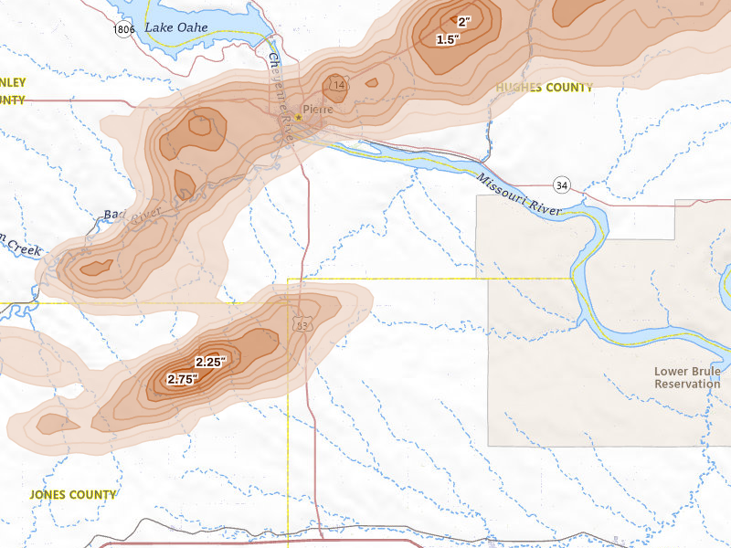 Radar-estimated hail-size map of the storm over Fort Pierre, SD on Jul 25, 2026
