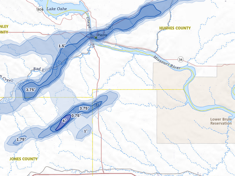 NEXRAD radar-signature map of the hail storm over Fort Pierre, SD on Jul 25, 2026