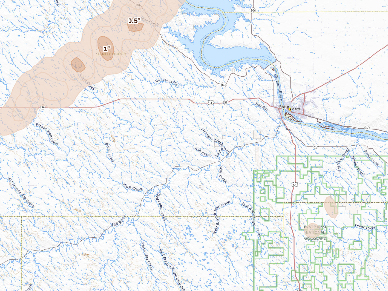 Radar-estimated hail-size map of the storm over Fort Pierre, SD on Sep 13, 2026