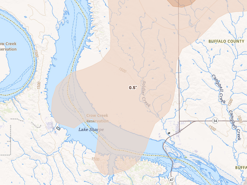 Radar-estimated hail-size map of the storm over Fort Thompson, SD on Jun 9, 2026