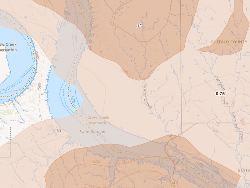 Radar-estimated hail-size map of the storm over Fort Thompson, SD on Jul 2, 2026
