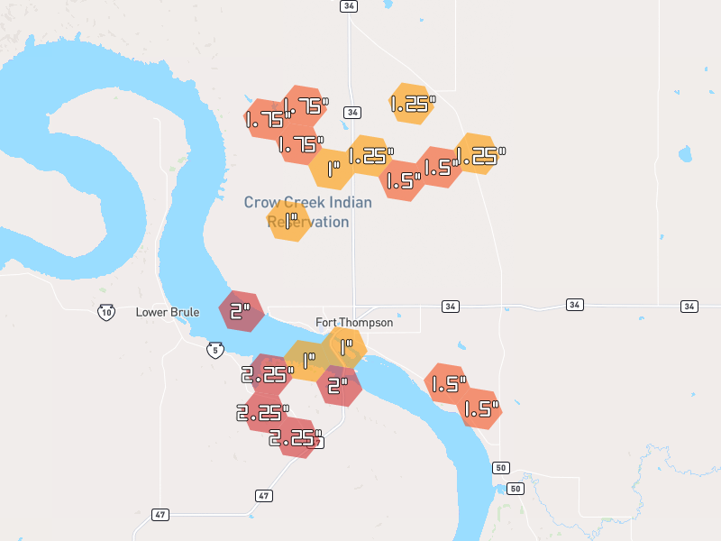 Hail map of Fort Thompson, SD on Jul 2, 2026, hail up to 2.25"