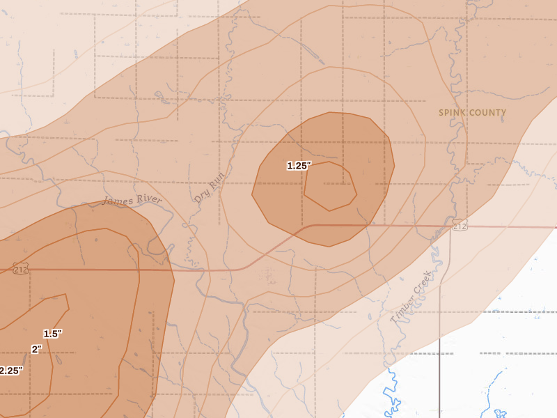Radar-estimated hail-size map of the storm over Frankfort, SD on Jun 29, 2026