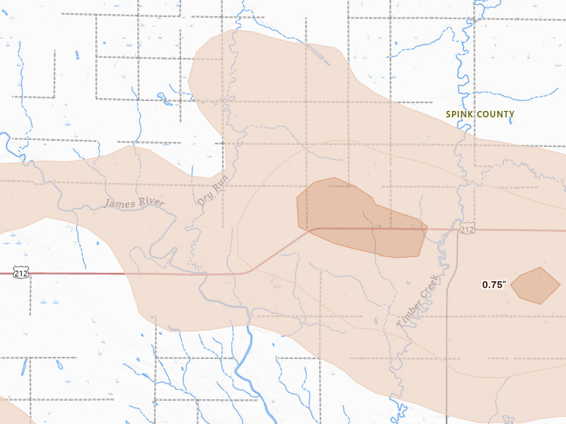 Radar-estimated hail-size map of the storm over Frankfort, SD on Aug 8, 2026