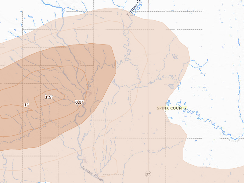 Radar-estimated hail-size map of the storm over Frankfort, SD on Aug 28, 2026