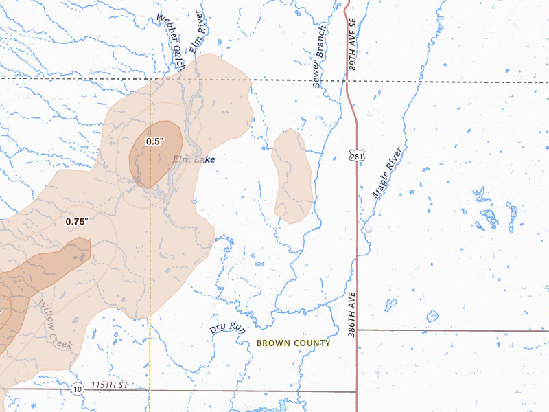 Radar-estimated hail-size map of the storm over Frederick, SD on May 31, 2026