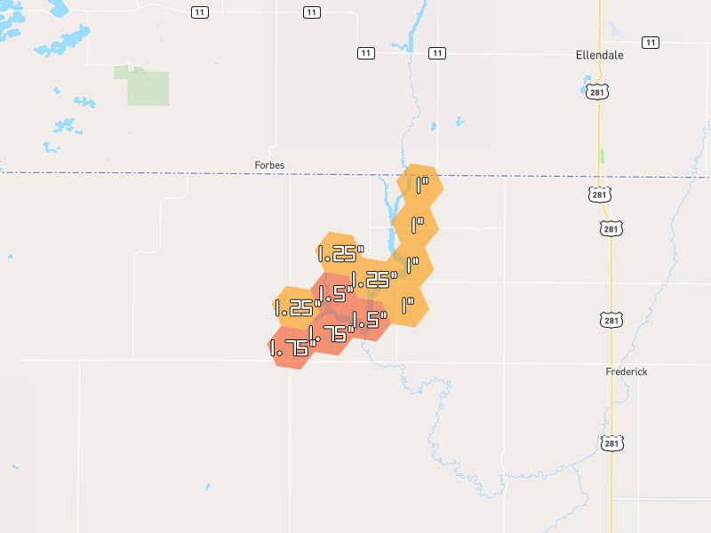 Hail map of Frederick, SD on Jun 1, 2026, hail up to 1.75"