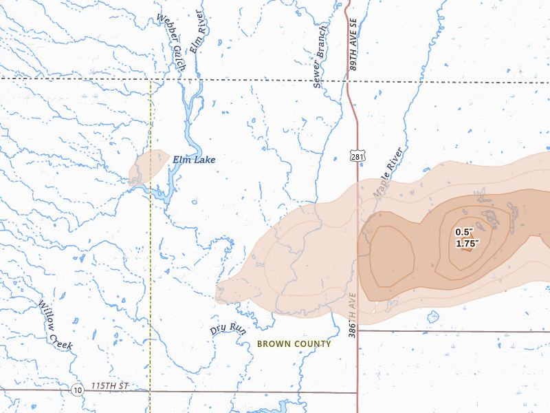 Radar-estimated hail-size map of the storm over Frederick, SD on Jun 3, 2026