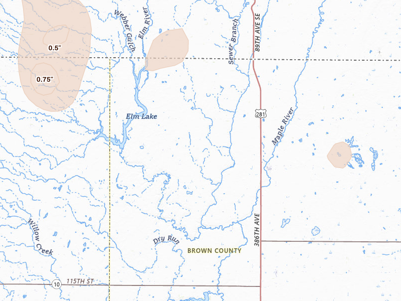 Radar-estimated hail-size map of the storm over Frederick, SD on Jun 9, 2026