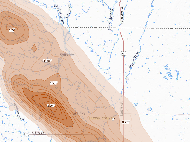 Radar-estimated hail-size map of the storm over Frederick, SD on Jul 24, 2026
