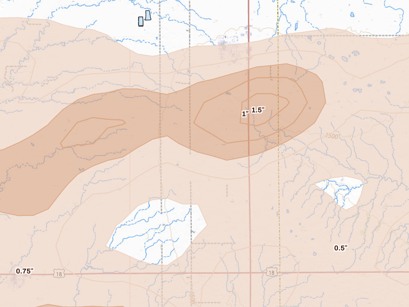 Radar-estimated hail-size map of the storm over Freeman, SD on May 24, 2026