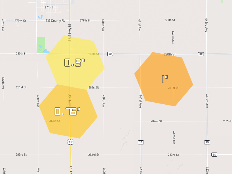 Hail map of Freeman, SD on Jun 1, 2026, hail up to 1"