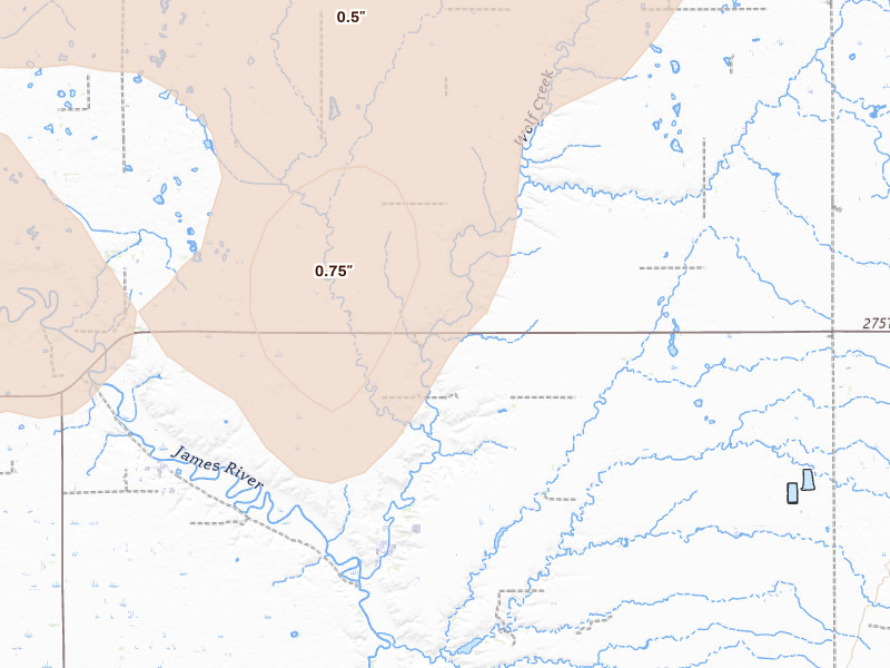 Radar-estimated hail-size map of the storm over Freeman, SD on Jun 27, 2026