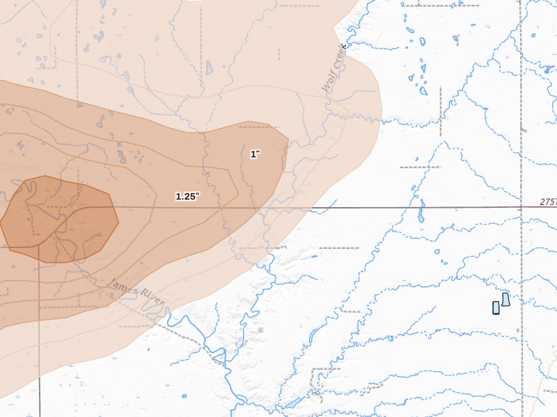 Radar-estimated hail-size map of the storm over Freeman, SD on Jul 2, 2026