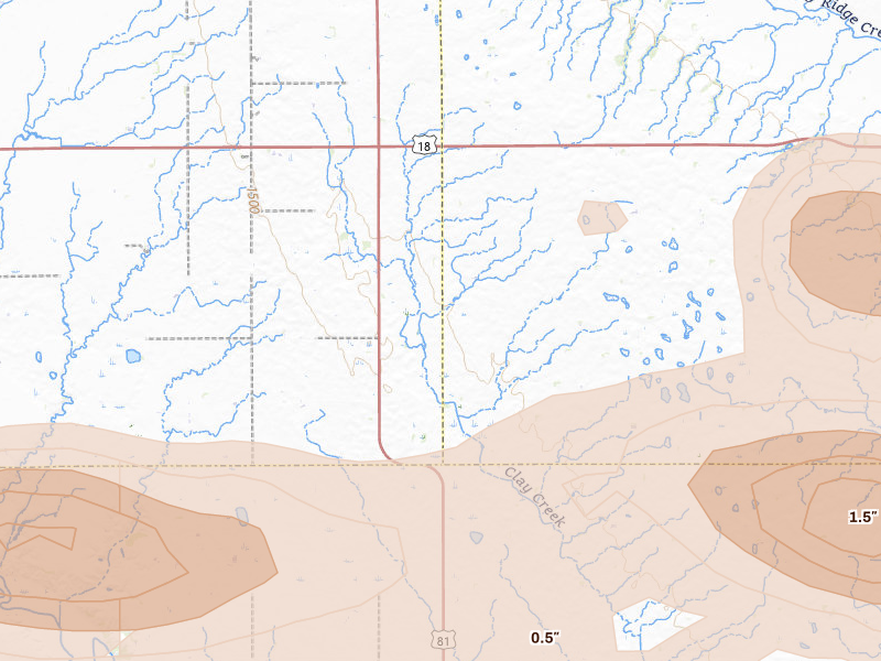 Radar-estimated hail-size map of the storm over Freeman, SD on Aug 10, 2026