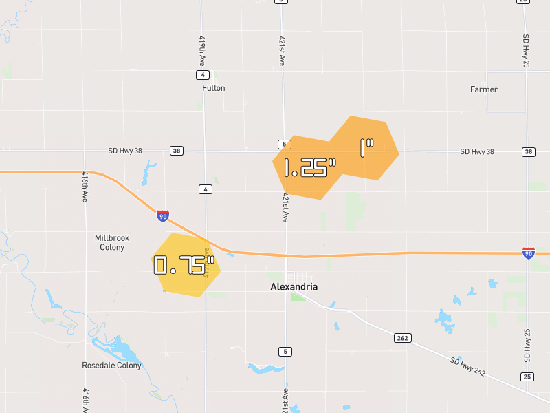Hail map of Fulton, SD on Jul 2, 2026, hail up to 1.25"