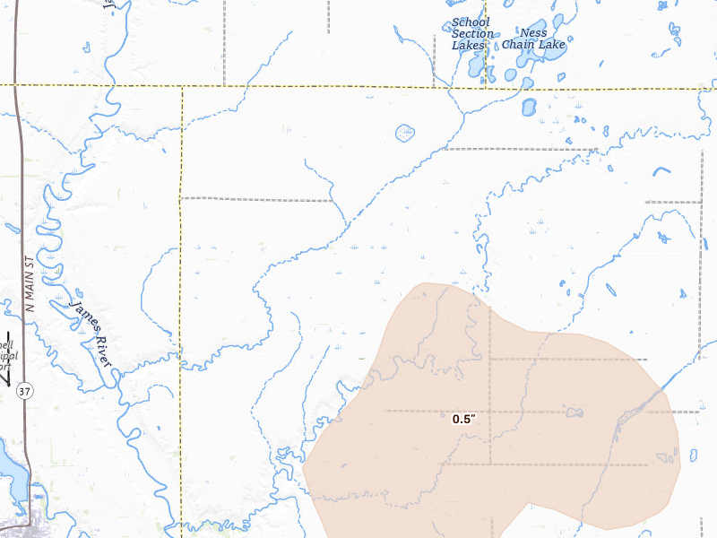 Radar-estimated hail-size map of the storm over Fulton, SD on Jul 25, 2026