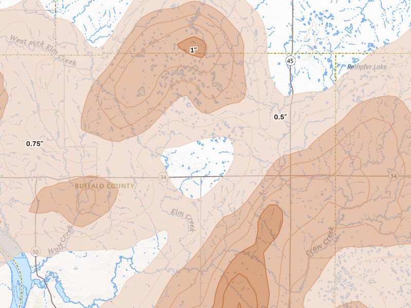 Radar-estimated hail-size map of the storm over Gann Valley, SD on Jul 2, 2026