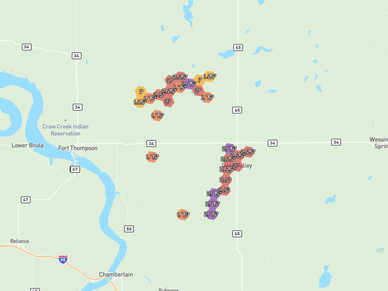 Hail map of Gann Valley, SD on Jul 2, 2026, hail up to 2.75"