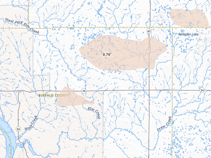 Radar-estimated hail-size map of the storm over Gann Valley, SD on Jul 25, 2026