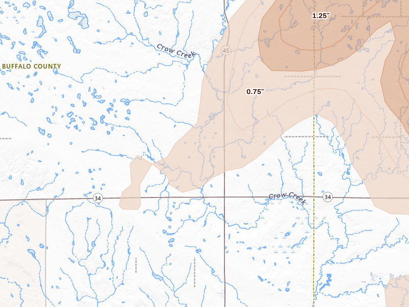 Radar-estimated hail-size map of the storm over Gann Valley, SD on Sep 4, 2026