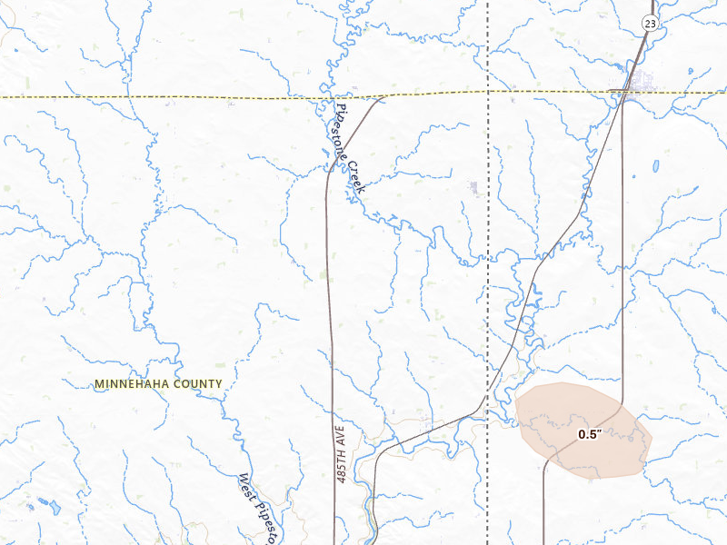 Radar-estimated hail-size map of the storm over Garretson, SD on Jul 25, 2026