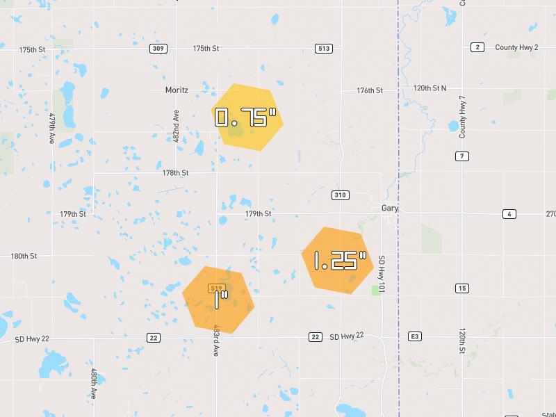 Hail map of Gary, SD on Jun 4, 2026, hail up to 1.25"
