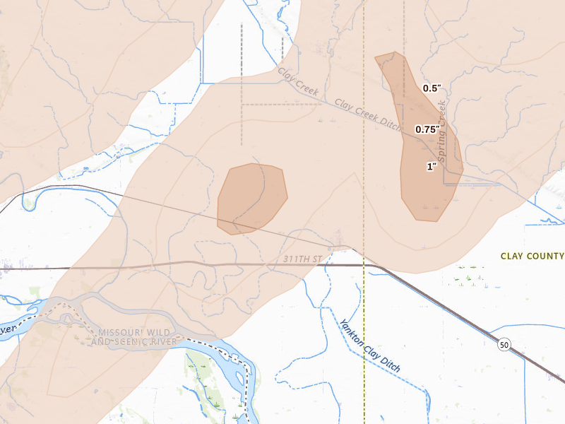 Radar-estimated hail-size map of the storm over Gayville, SD on May 17, 2026