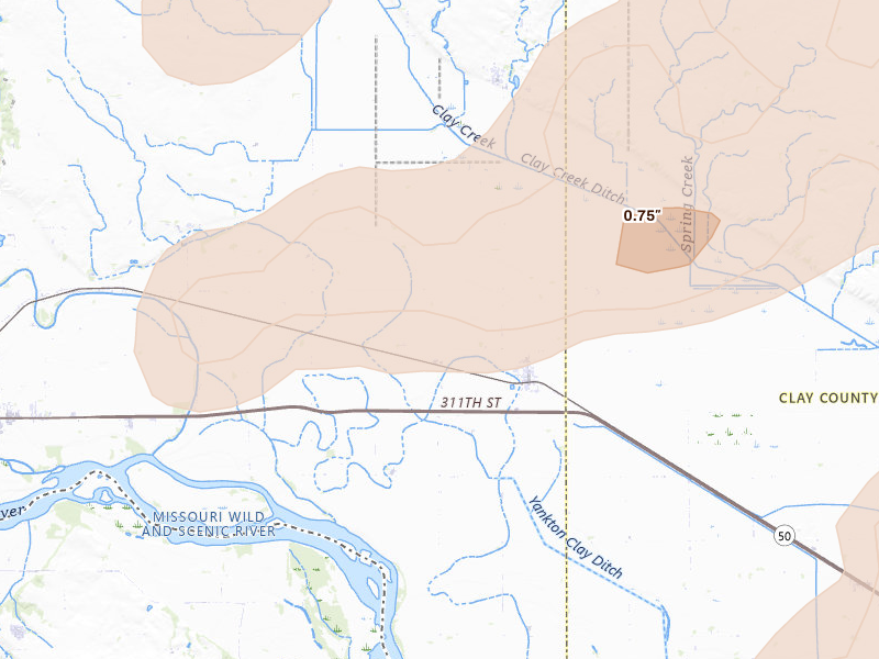 Radar-estimated hail-size map of the storm over Gayville, SD on May 31, 2026