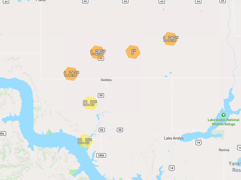 Hail map of Geddes, SD on Jun 28, 2026, hail up to 1.25"