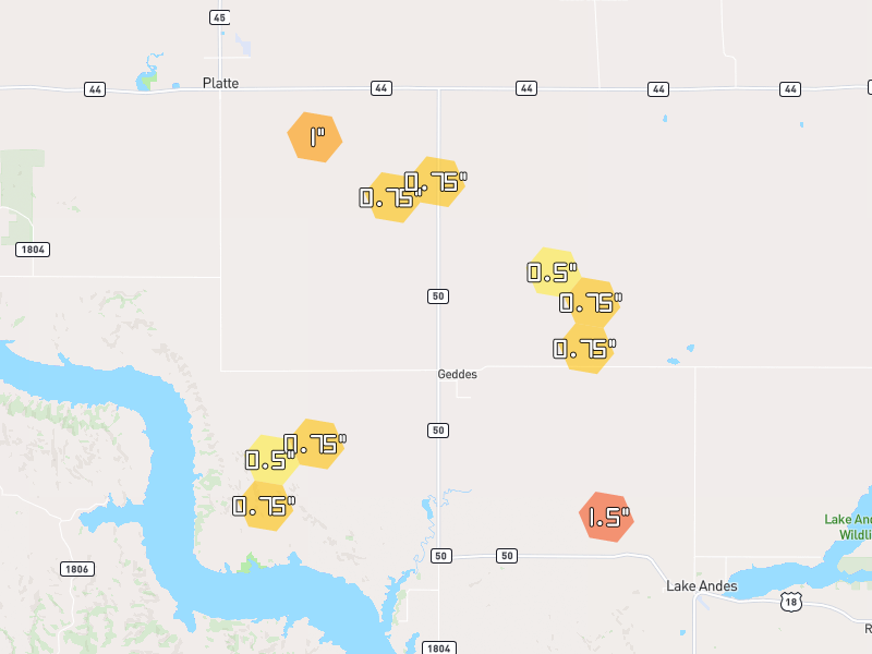 Hail map of Geddes, SD on Jul 1, 2026, hail up to 1.5"