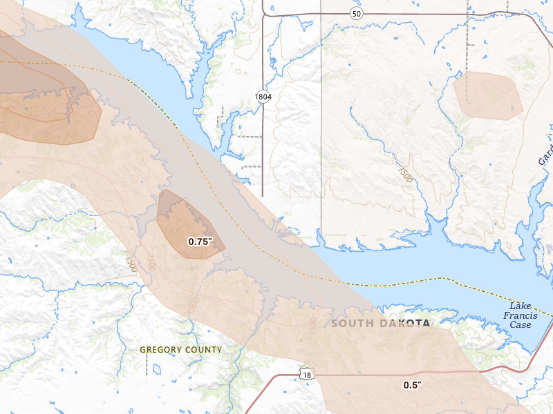 Radar-estimated hail-size map of the storm over Geddes, SD on Aug 23, 2026