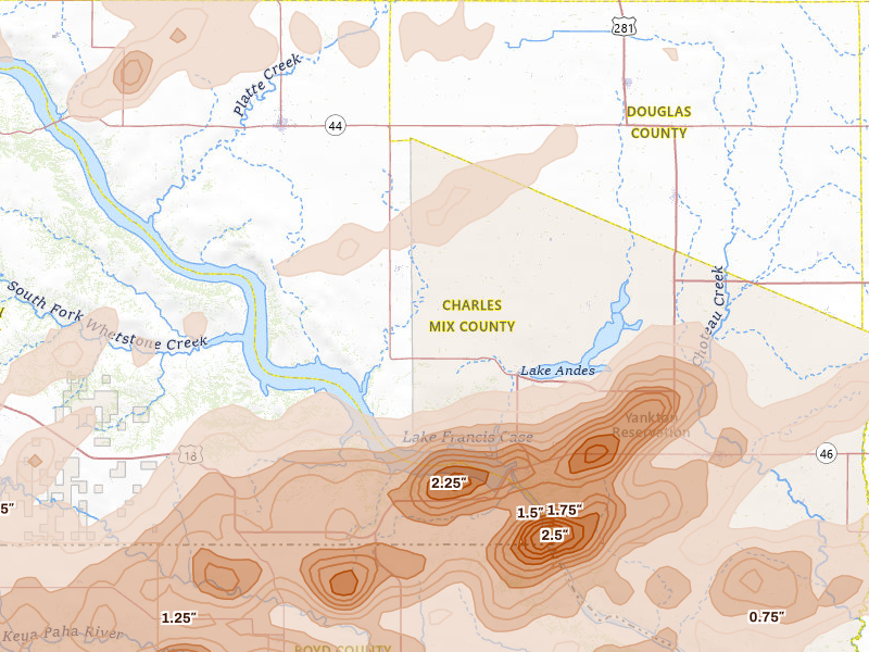 Radar-estimated hail-size map of the storm over Geddes, SD on Sep 1, 2026