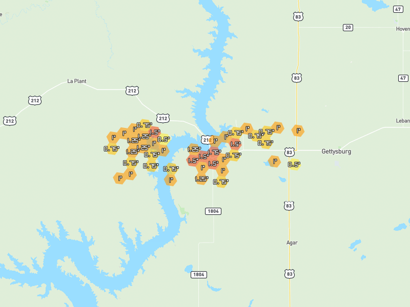Hail map of Gettysburg, SD on Jul 8, 2026, hail up to 1.75"