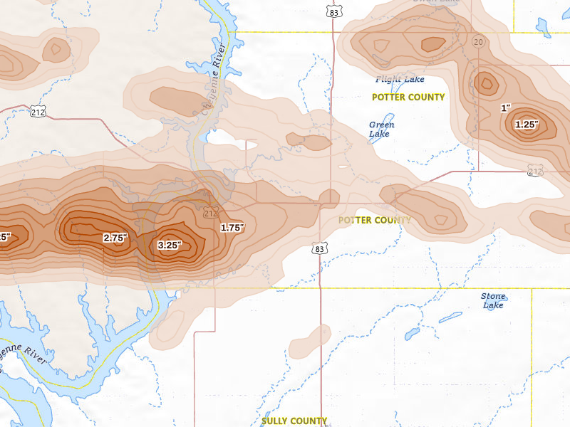 Radar-estimated hail-size map of the storm over Gettysburg, SD on Aug 29, 2026