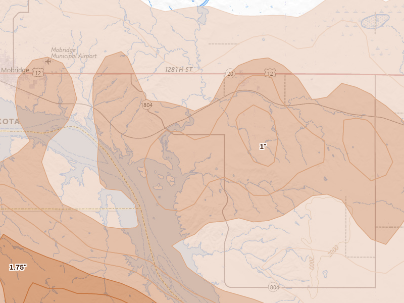 Radar-estimated hail-size map of the storm over Glenham, SD on Jul 7, 2026