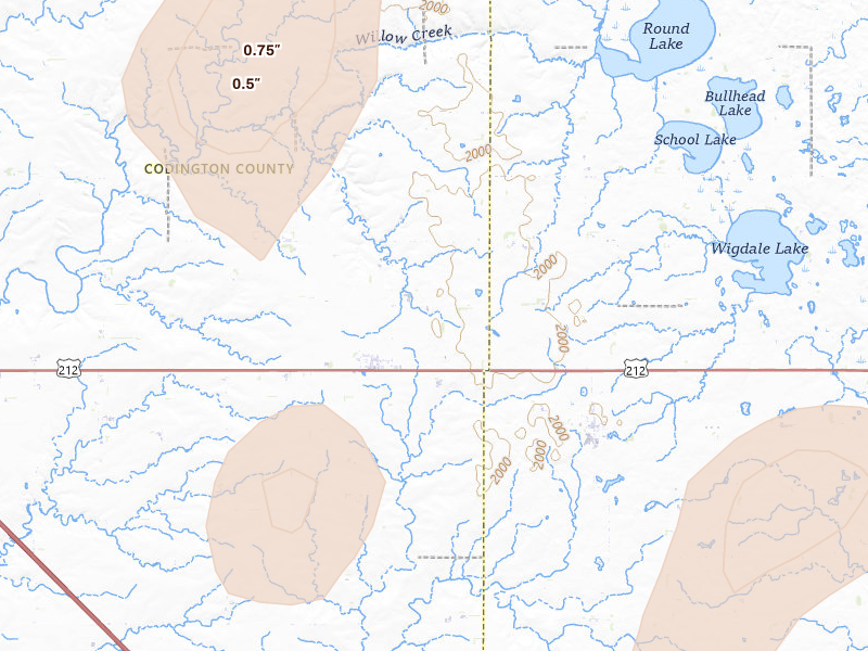 Radar-estimated hail-size map of the storm over Goodwin, SD on Jul 3, 2026