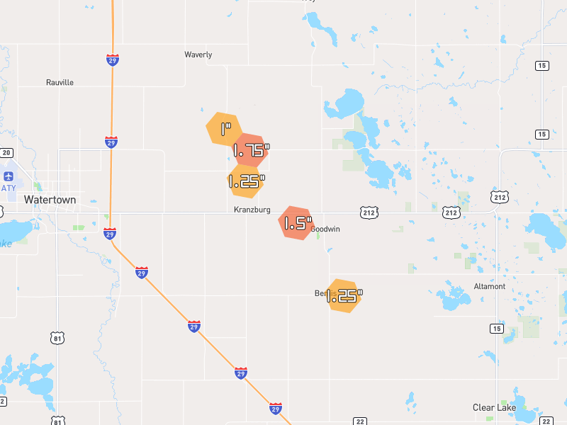 Hail map of Goodwin, SD on Jul 3, 2026, hail up to 1.75"