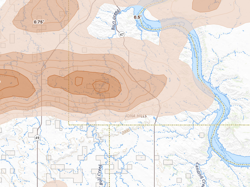 Radar-estimated hail-size map of the storm over Gregory, SD on Jun 3, 2026