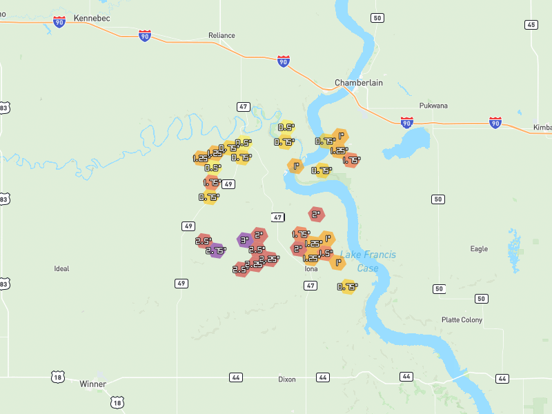 Hail map of Gregory, SD on Jun 4, 2026, hail up to 3"