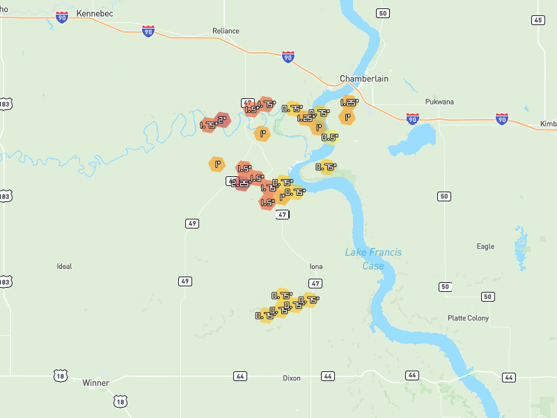 Hail map of Gregory, SD on Jun 5, 2026, hail up to 2.25"