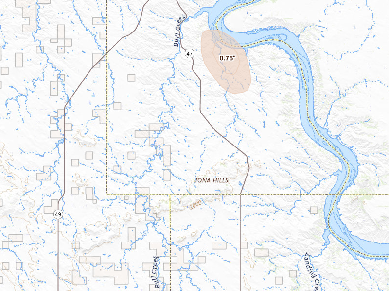Radar-estimated hail-size map of the storm over Gregory, SD on Jul 4, 2026