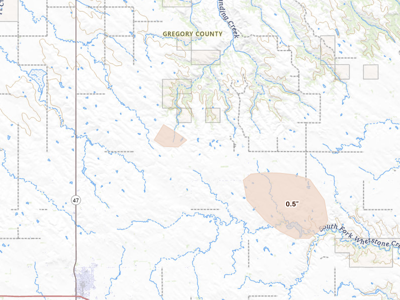 Radar-estimated hail-size map of the storm over Gregory, SD on Aug 6, 2026