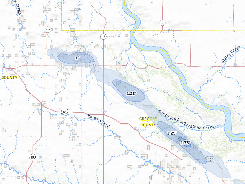 NEXRAD radar-signature map of the hail storm over Gregory, SD on Aug 6, 2026