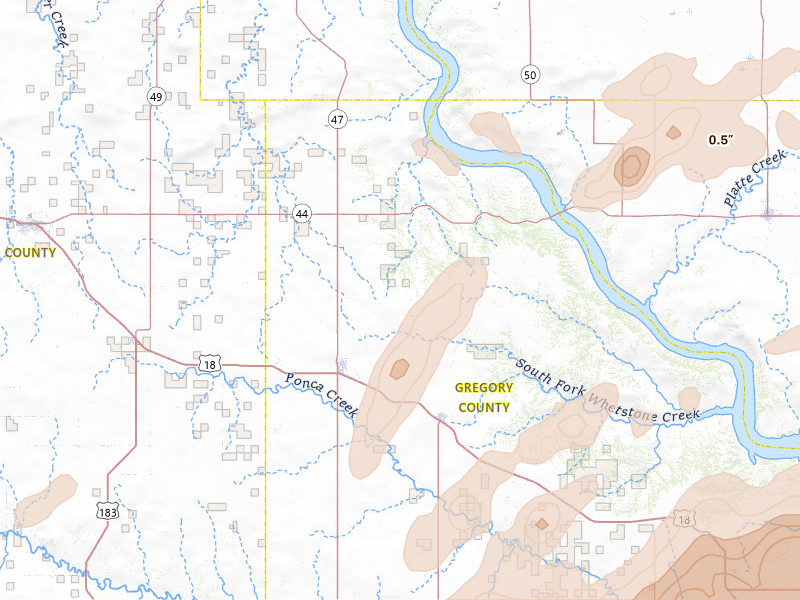 Radar-estimated hail-size map of the storm over Gregory, SD on Sep 1, 2026