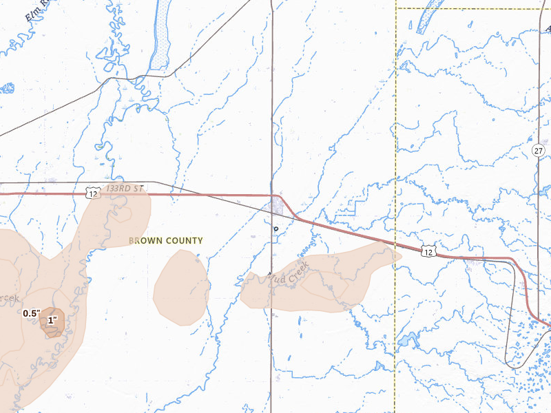 Radar-estimated hail-size map of the storm over Groton, SD on May 31, 2026