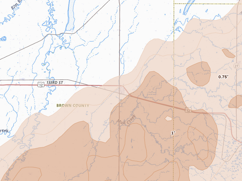 Radar-estimated hail-size map of the storm over Groton, SD on Jun 29, 2026